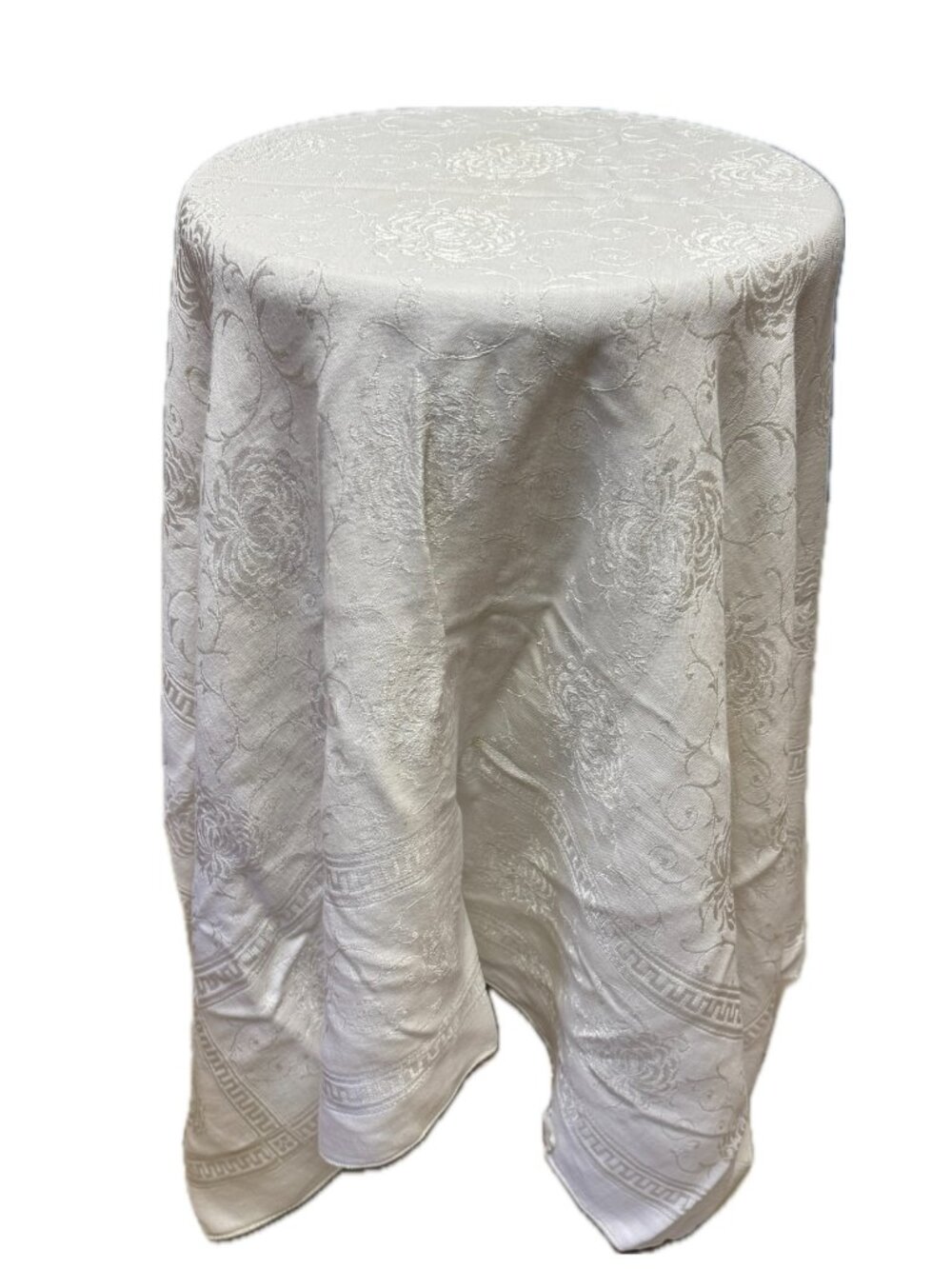 Damask Linen tablecloth 4' x 4' white vintage mid century